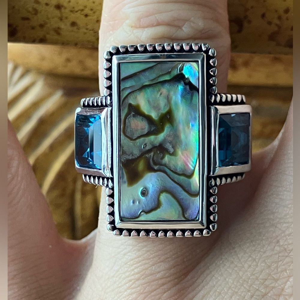 Natural Swiss Blue Topaz Abalone Sterling Silver Ring Size 6
